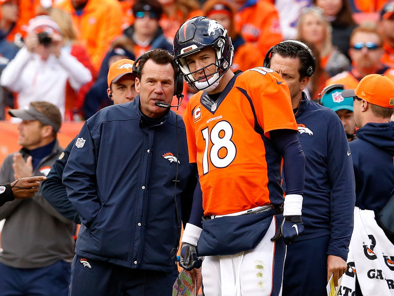 Head coach Gary Kubiak of the Denver Broncos speaks to Peyton Manning during their win over the Patriots