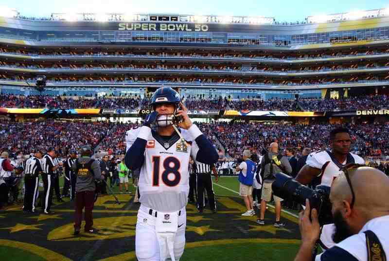 Feb 7 2016 Santa Clara CA USA Denver Broncos quarterback Peyton Manning puts on his helmet before Super Bowl 50 against the Carolina Panthers at Levi's Stadium. Mark J. Rebilas-USA TODAY Sports