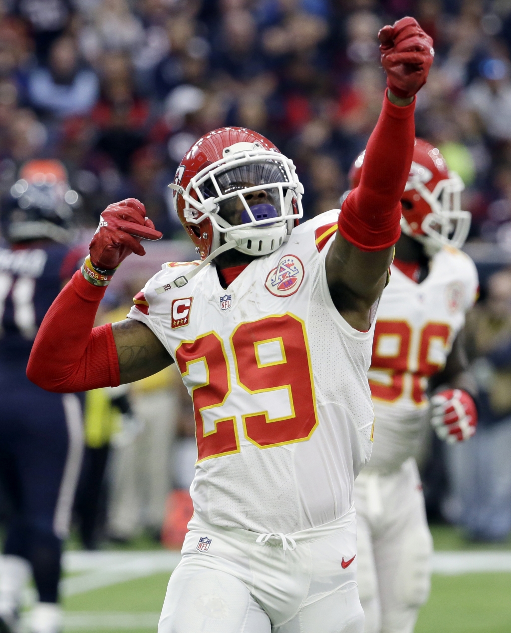 Kansas City Chiefs free safety Eric Berry celebrates after an interception against the Houston Texans during an NFL wild-card football game in Houston. Berry who missed 10 games the previous season battling lympho