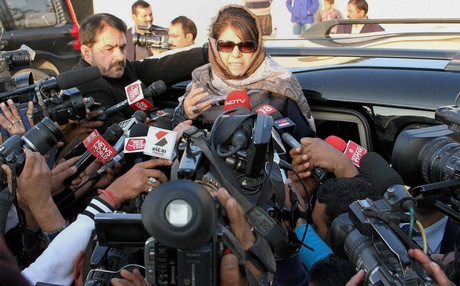 PDP President Mehbooba Mufti addressing the media outside Raj Bhavan in Jammu on Tuesday | PTI