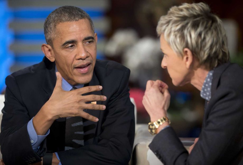 President Barack Obama talks with Ellen De Generes during a commercial break while taping a show segment of the Ellen De Generes Show in Burbank Calif. Thursday Feb. 11 2016