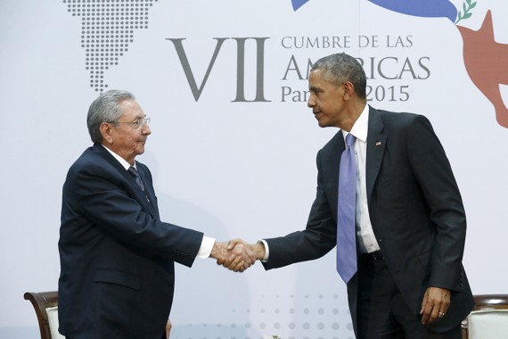 President Obama and Cuba’s Raul Castro l. greet each other in Panama