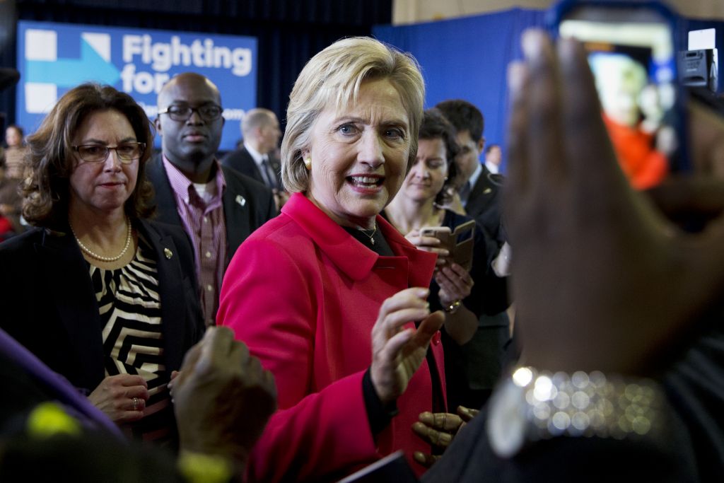 Democratic presidential candidate Hillary Clinton greets the crowd after speaking during a town hall meeting at Denmark Olar Elementary School in Denmark S.C. Friday Feb. 12 2016