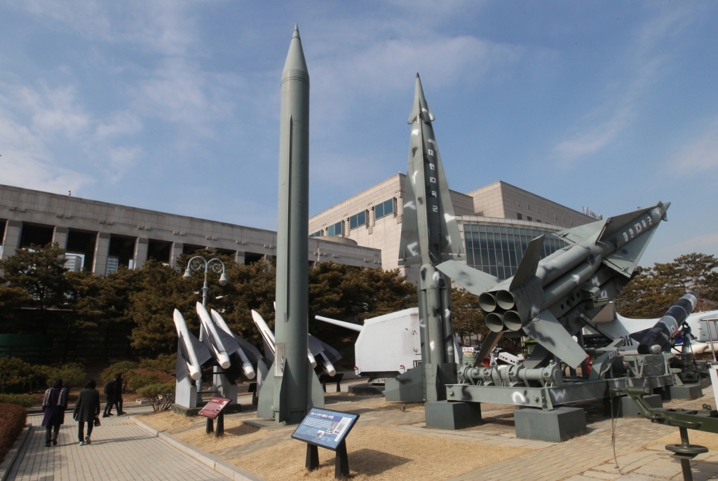 A mock Scud-B missile of North Korea left and other South Korean missiles are displayed at the Korea War Memorial Museum in Seoul South Korea Wednesday Feb. 3 2016. South Korea warned on Wednesday of'searing consequences if North Korea doesn't aba