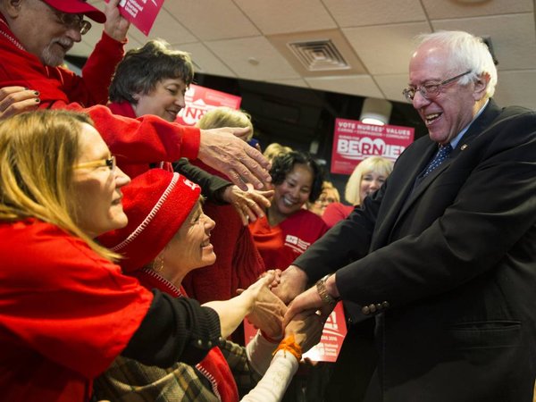 Democratic presidential candidate Sen. Bernie Sanders I-Vt. shakes hands after stopping at a reception for the Minnesota Nurses Association at the Science Museum of Minnesota on Friday Feb. 12 2016 in St. Paul Minn