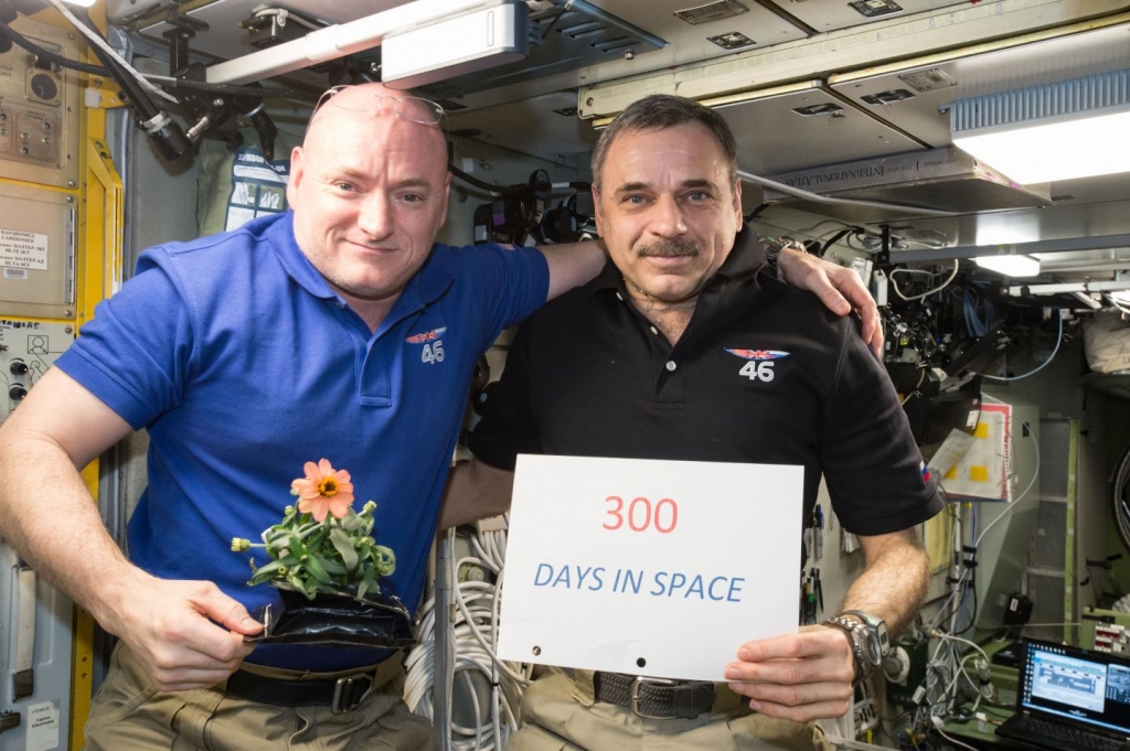 One-year mission crew members Scott Kelly of NASA and Mikhail Kornienko of Roscosmos celebrated their 300th consecutive day in space on Jan. 21 2016. By spending a total of 340 days aboard the International Space Station the astronauts