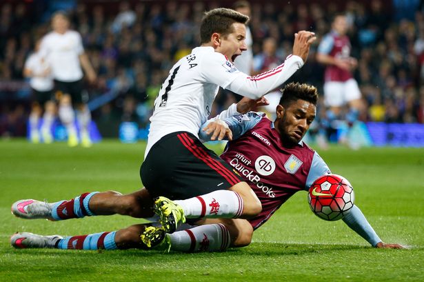 Aston Villa's Jordan Amavi in action with Manchester United's Ander Herrera