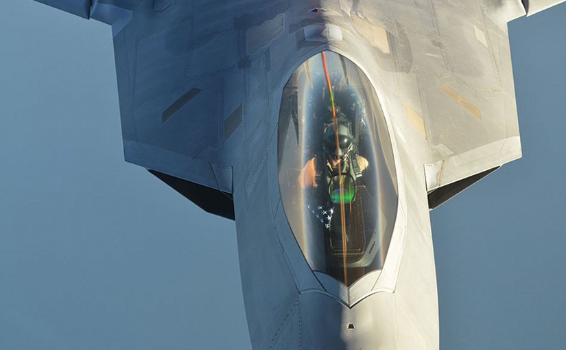 U.S. Air Force F-22 Raptor aircraft after conducting airstrikes in Syria as part of large coalition to strike Islamic State of Iraq and the Levant targets September 2014