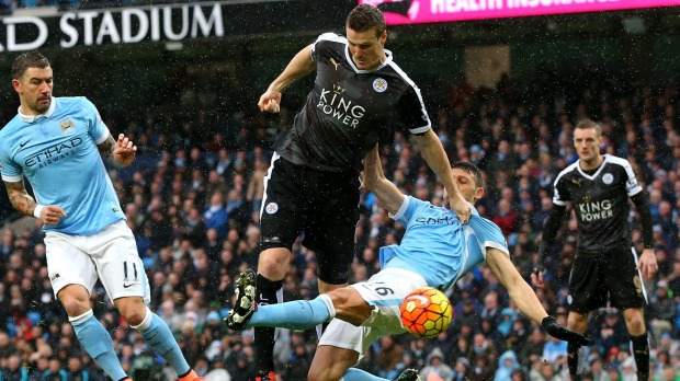 Robert Huth scores during the match between Manchester City and Leicester City