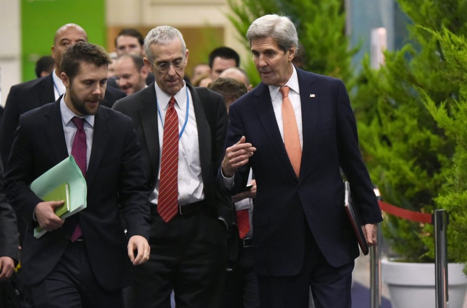 Chief U.S. climate negotiator Todd Stern center with Secretary of State John Kerry right and White House advisor Brian Deese