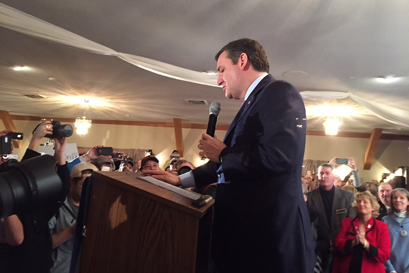 U.S. Sen. Ted Cruz speaks to supporters in Hollis New Hampshire after an apparent third-place showing in the state's Republican presidential primary on Feb. 9 2016