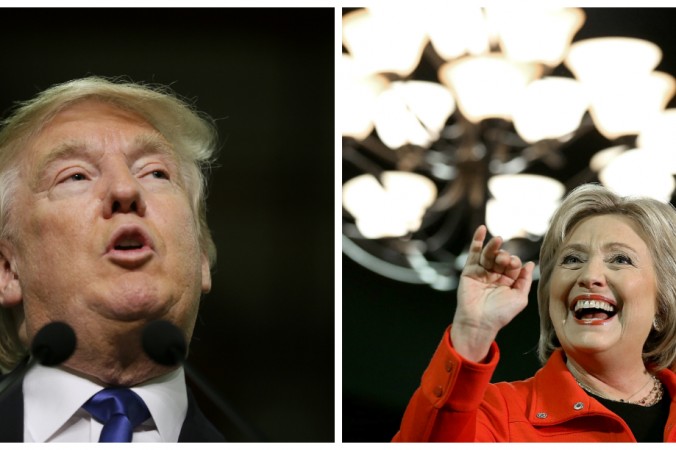 On left Republican presidential candidate Donald Trump speaks during a campaign rally at Clinton Middle School Saturday Jan. 30 2016 in Clinton Iowa. On right Democratic presidential candidate former Secretary of State Hillary Clinton waves to supp