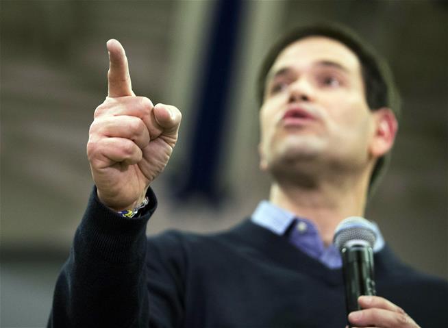 Rubio speaks at a campaign event at Gilbert H. Hood Middle School in Derry N.H. 
              
                 View 1 more image