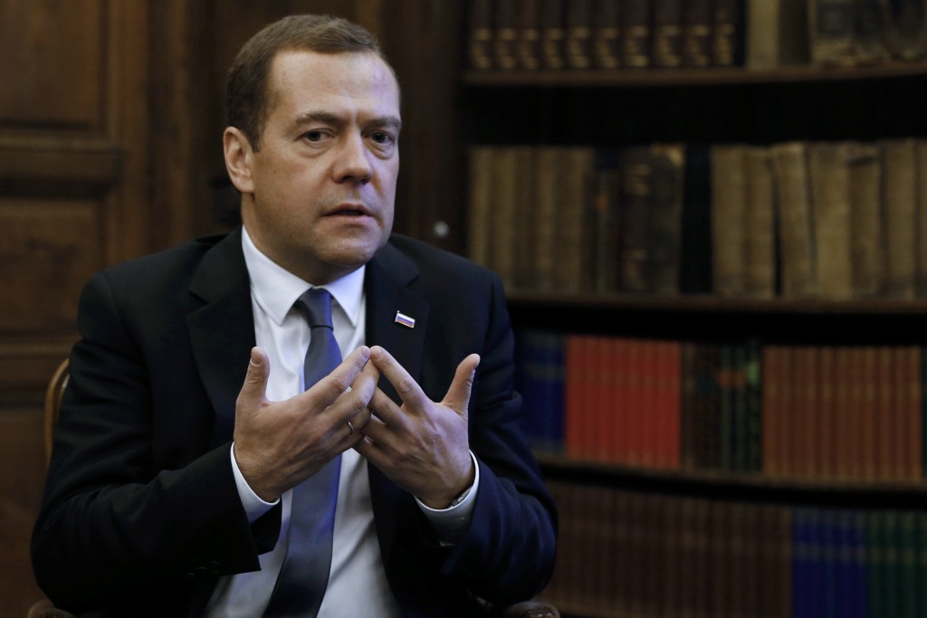 Russian Prime Minister Dmitry Medvedev speaks during an interview on the sidelines of the Munich Security Conference in Munich Germany