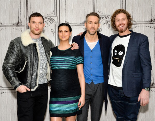 Actors from left Ed Skrein Morena Baccarin Ryan Reynolds and TJ Miller participate in AOL's BUILD Speaker Series to discuss the film'Deadpool, at AOL Studios