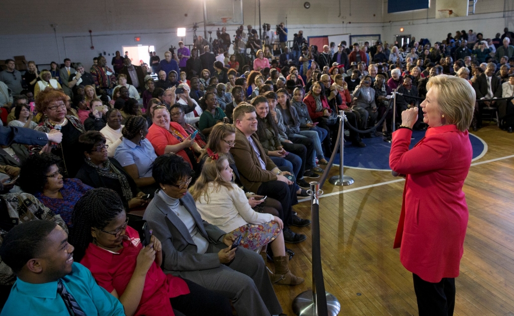 Democratic presidential candidate Hillary Clinton answers a questions during a town hall meeting at Denmark Olar Elementary School in Denmark S.C. Friday Feb. 12 2016