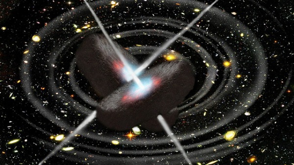 An artistic impression of colliding black holes and the resulting gravitational waves which were predicted by Einstein's Theory of General Relativity