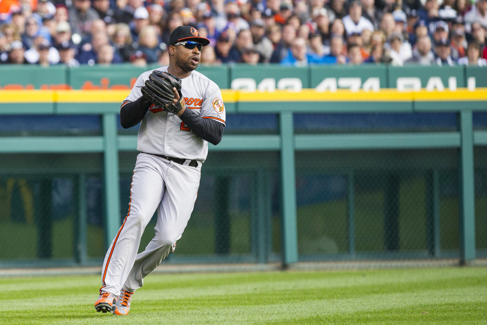 05 OCTOBER 2014 Baltimore Orioles left fielder Delmon Young catches a fly ball during the third inning of game three of the American League Division Series playoff game between the Baltimore Orioles and the Detroit Tigers played at Comerica Park