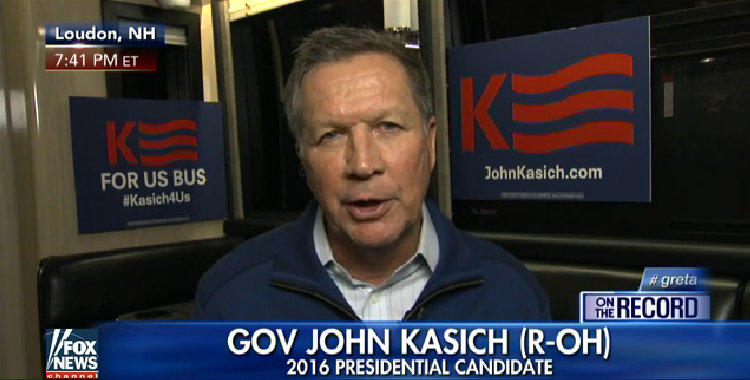 Screenshot of Gov. John Kasich on'On the Record With Greta Van Susteren