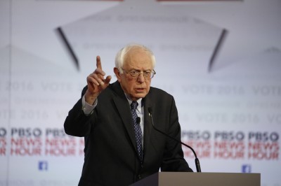 Sen. Bernie Sanders at Thursday’s Democratic presidential primary debate in Milwaukee