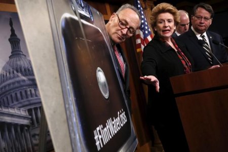 U.S. Senator Debbie Stabenow  leads a news conference about potential legislation in response to the water crisis in Flint Michigan with Senator Chuck Schumer , Senator Bob Casey and Senator Gary Peters, at the U