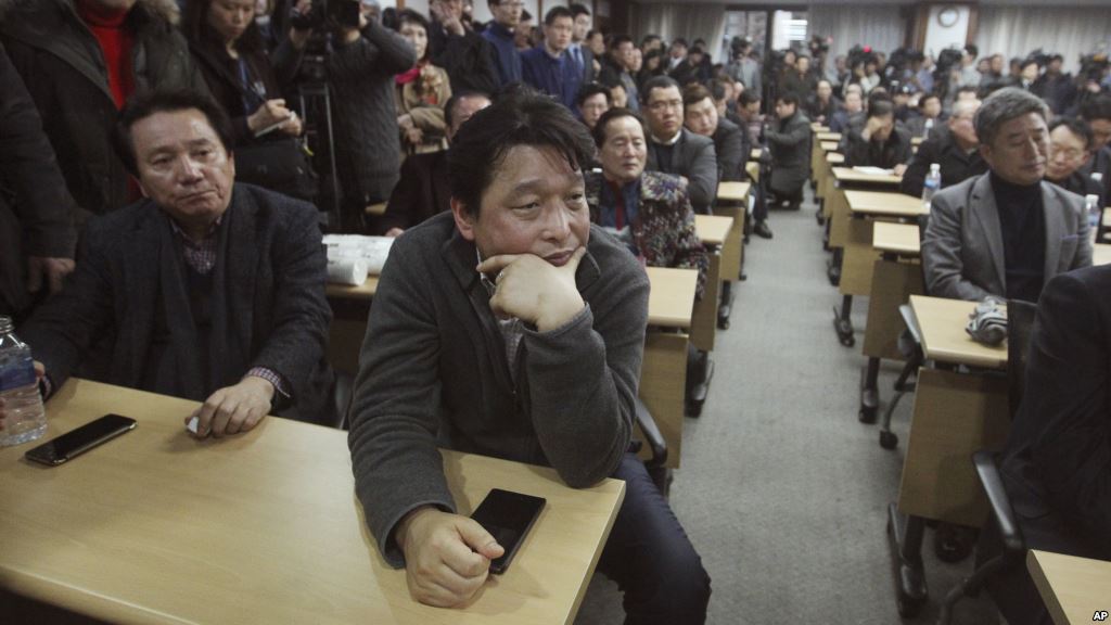 South Korean owners who run factories in the suspended inter Korean Kaesong Industrial Complex attend an emergency meeting held by the council of South Korean companies operating in the industrial park in Seoul South Korea Friday Feb. 12 2016