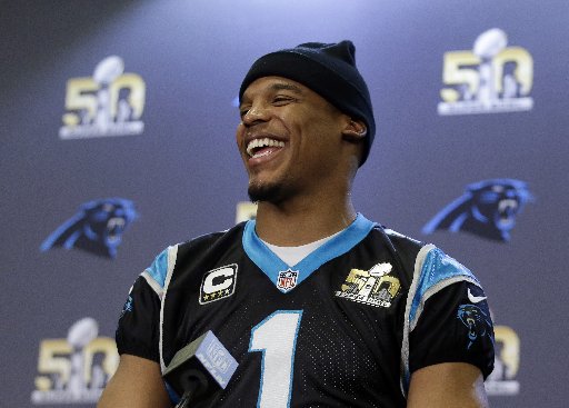 Carolina Panthers quarterback Cam Newton during a press conference in San Jose Thursday