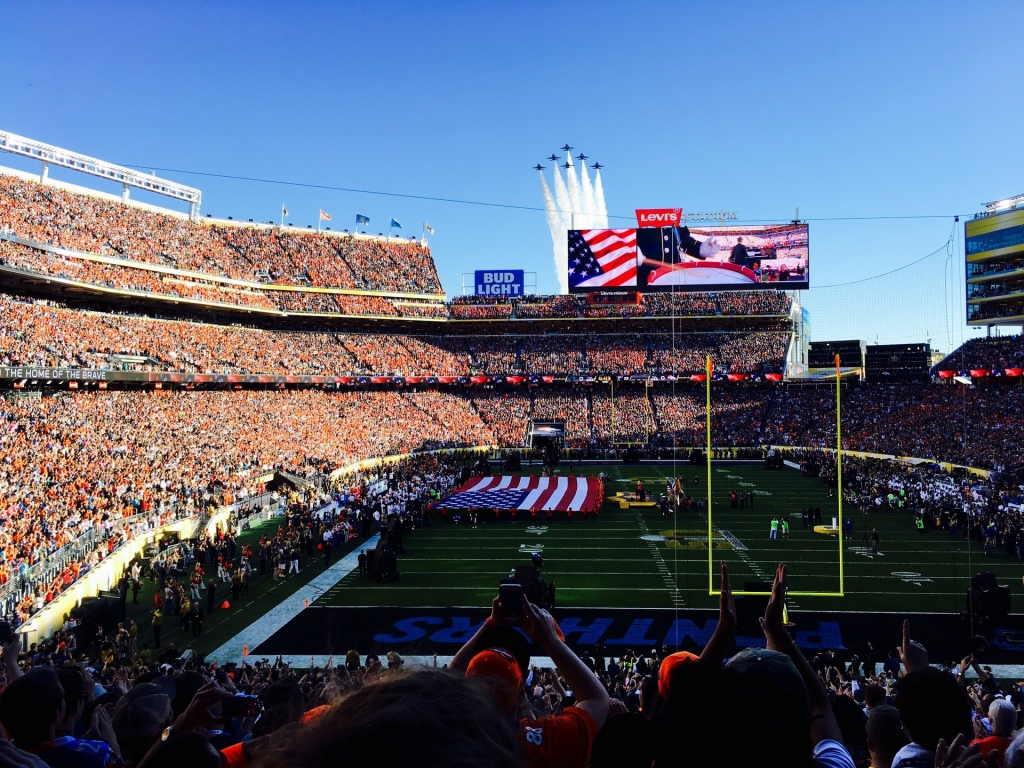 The Blue Angels fly over Levi's Stadium after Lady Gaga sings the National Anthem