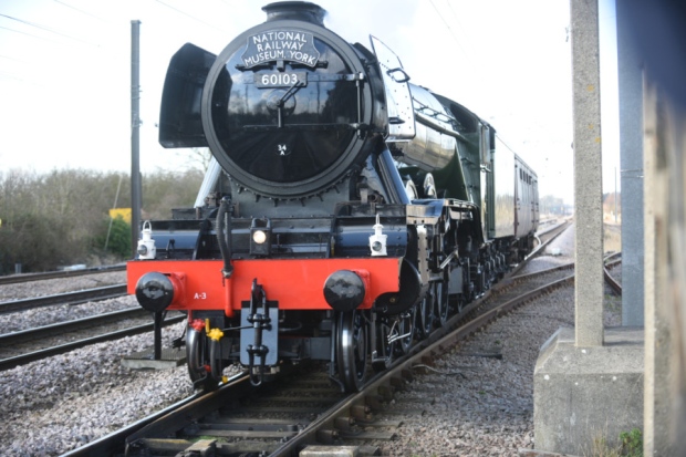 The Flying Scotsman steaming into Peterborough today Wednesday February 24