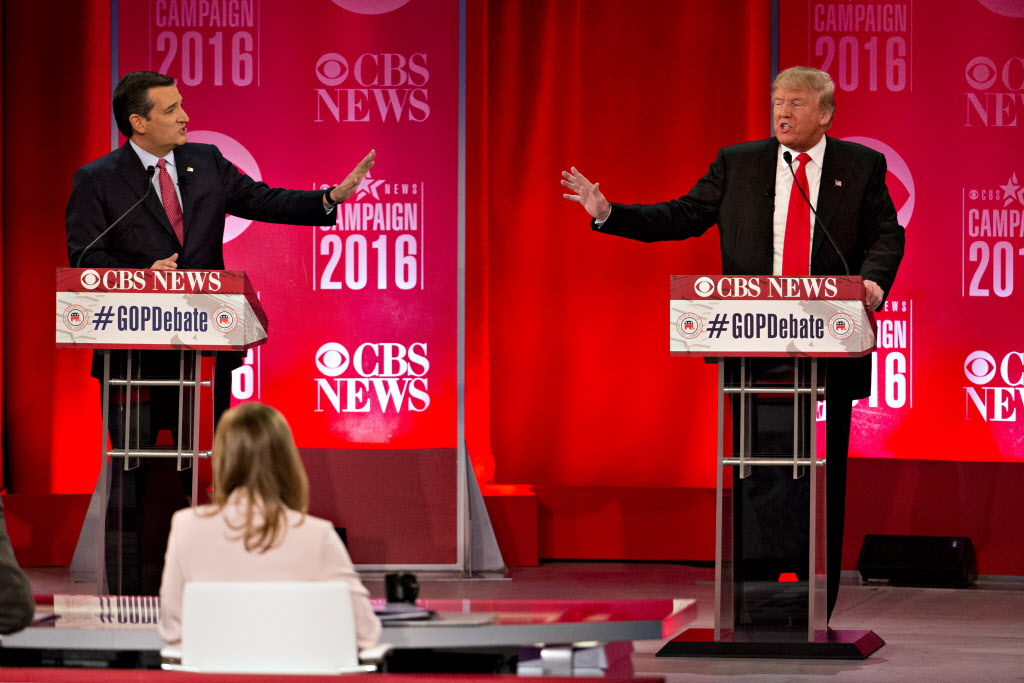 2016 presidential candidates Ted Cruz R-Texas and Donald Trump speak during the Republican presidential candidate debate sponsored by CBS News and the Republican National Committee at the Peace Center in Greenville S.C. earlier in February. Donald Tr