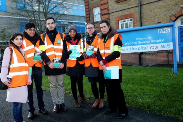 The picket line outside Watford General Hospital earlier this month