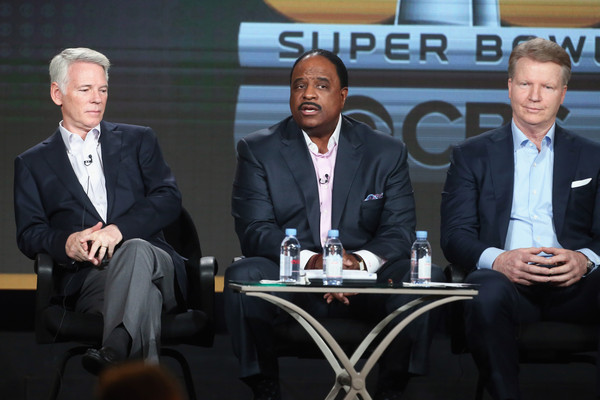 Chairman CBS Sports Sean McManus Host of THE SUPER BOWL TODAY James Brown and Analyst Super Bowl 50 Phil Simms speak onstage during the'CBS Sports panel discussion at the CBS  ShowtimeTelevision Group portion of the 2015 Winter TCA Tour at the Lan