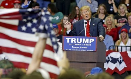 U.S. Republican presidential candidate Donald Trump speaks during a campaign stop in Tampa Florida