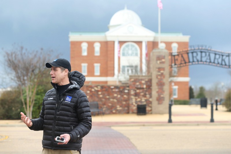 Wolf speaks on the air as the Weather Channel film crew broadcasts live Tuesday afternoon from Park Heights Restaurant on Main Street