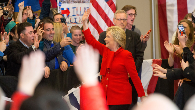 Democratic presidential candidate Hillary Clinton arrives at her caucus night rally at Drake University in Des Moines Iowa Monday Feb. 1 2016