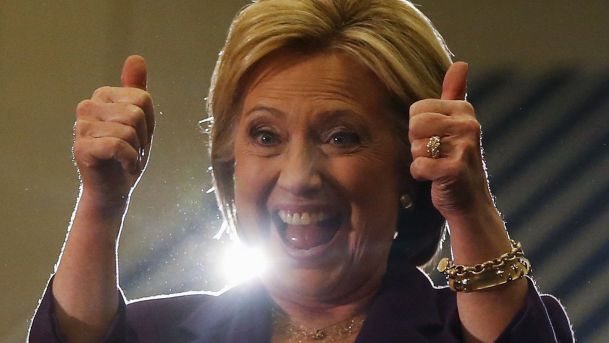 U.S. Democratic presidential candidate Hillary Clinton gives a thumbs-up to supporters after leading a campaign rally at Winnacunnet High School in Hampton New Hampshire