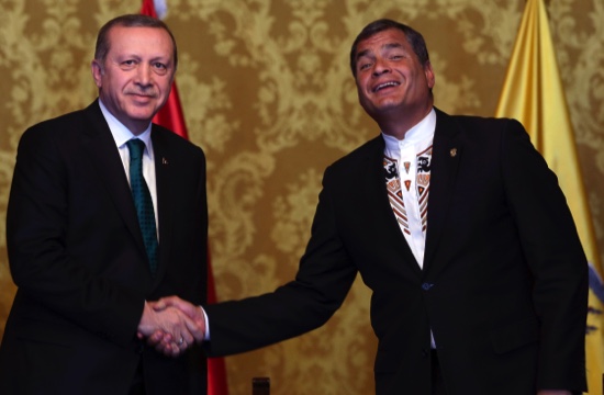 Turkey’s President Recep Tayyip Erdogan shakes hands with Ecuador’s President Rafael Correa in Quito last week. Erdogan is in Ecuador as part of his Latin America tour that includes Chile and Peru