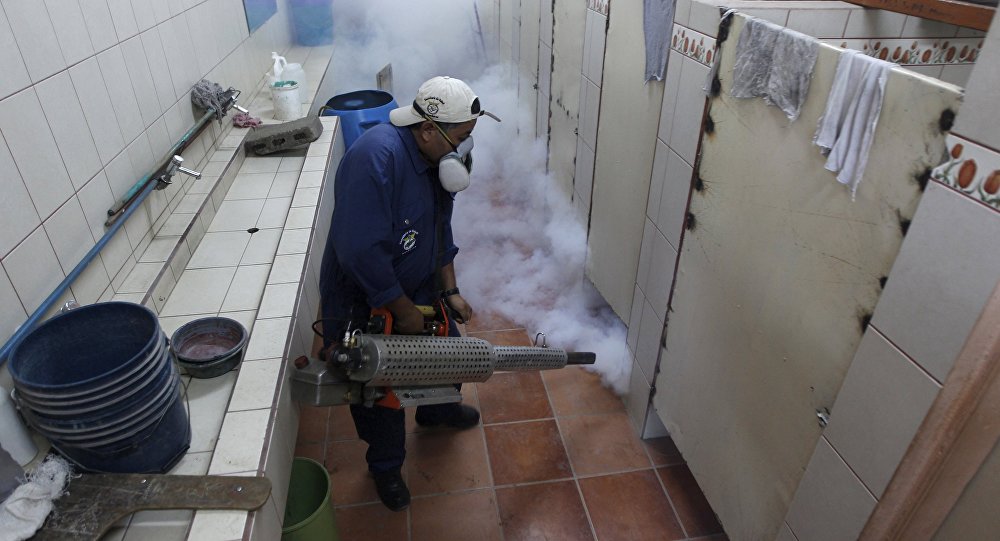 A municipal health worker fumigates the restroom of a school as part of the city's efforts to prevent the spread of the Zika virus vector the Aedes aegypti mosquito at the Nueva Suyapa neighbourhood in Tegucigalpa Honduras