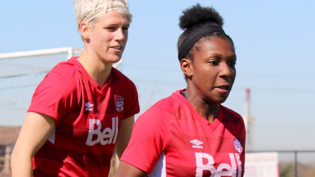 16-year-old Deanne Rose right is getting plenty of support from veterans like Sophie Schmidt as the Canadian women's soccer team focuses on winning a spot in the 2016 Olympics at the CONCACAF qualifying tournament in Houston