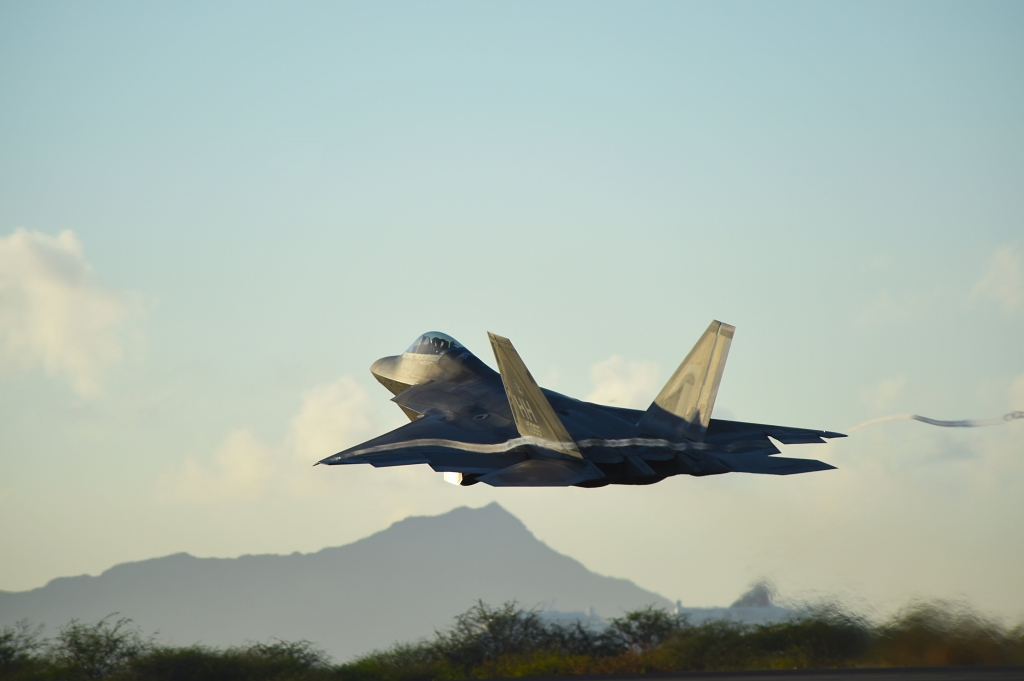 The twin-engine F-22 stealth fighter flown by a single pilot and armed with a 20mm canon heat-seeking missiles radar-guided missiles and radar-guided bombs can perform both air to air and air to ground missions.
Full credit Tech Sgt. Aaron Oelrich