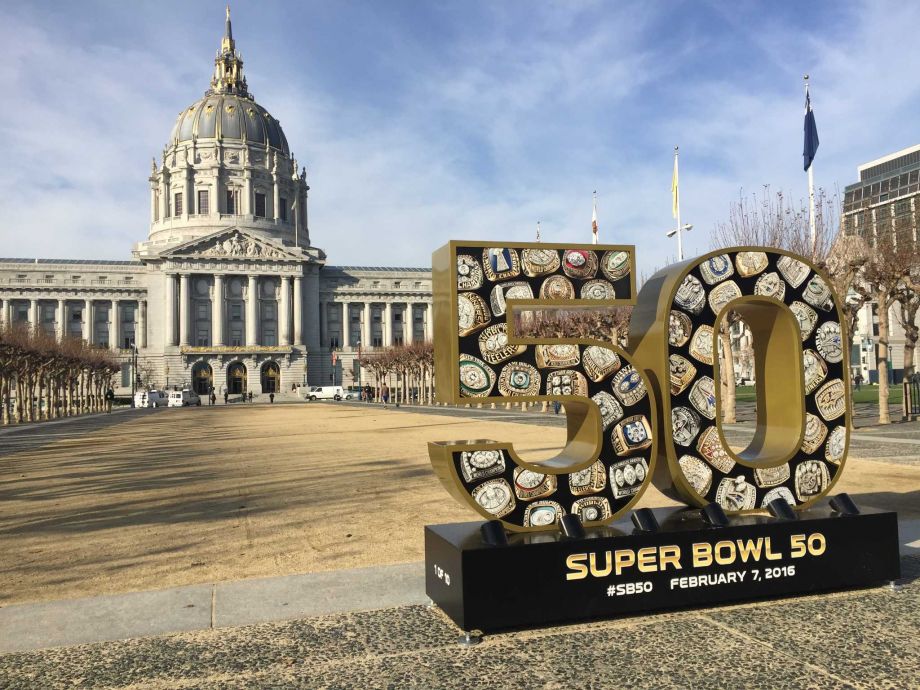 A Super Bowl 50 sign sits in front of San Francisco City Hall before its letters were scrambled