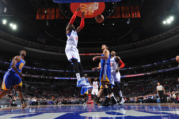 PHILADELPHIA PA- FEBRUARY 9 Nerlens Noel #4 of the Philadelphia 76ers dunks the ball against the Golden State Warriors at Wells Fargo Center