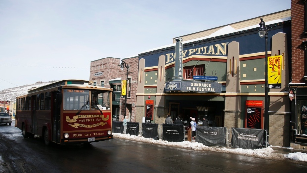 A trolley passes the marquee at the Egyptian Theatre on Main Street in Park City Utah on Thursday as the 2016 Sundance Film Festival gets underway