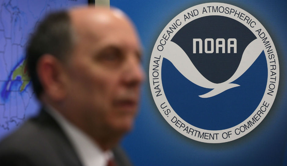 A winter storm-related presser at the NOAA Center for Weather and Climate Prediction January 2016. National Weather Service Director Louis Uccellini speaks