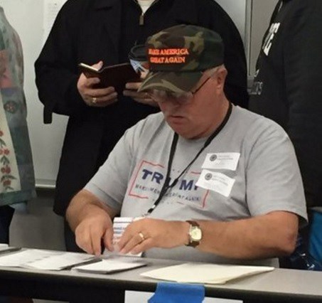 Nevada caucus poll worker wearing Trump gear