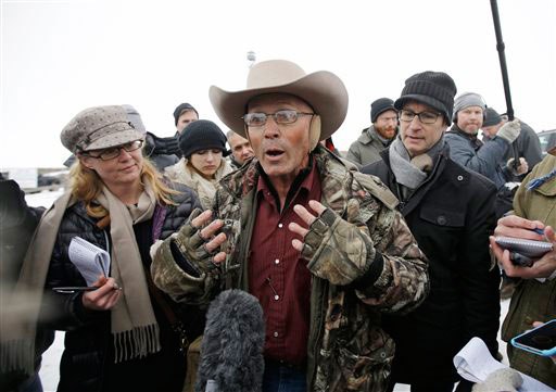 LaVoy Finicum a rancher from Arizona who is part of the group occupying the Malheur National Wildlife Refuge speaks with reporters during a news conference at the the refuge