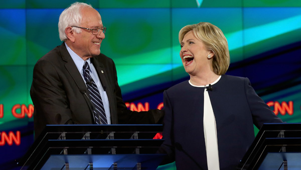 Democratic presidential candidates Sen. Bernie Sanders and Hillary Clinton take part in a presidential debate at Wynn Las Vegas on Tuesday Oct. 13 2015 in Las Vegas