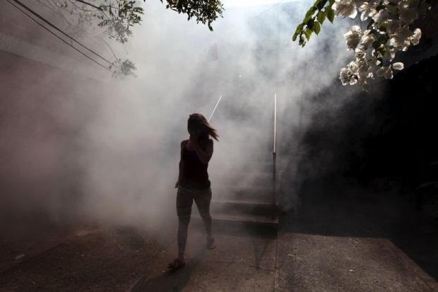 A woman walks away from her apartment as health workers fumigate the Altos del Cerro neighbourhood against the Zika virus and other mosquito-borne diseases in Soyapango El Salvador