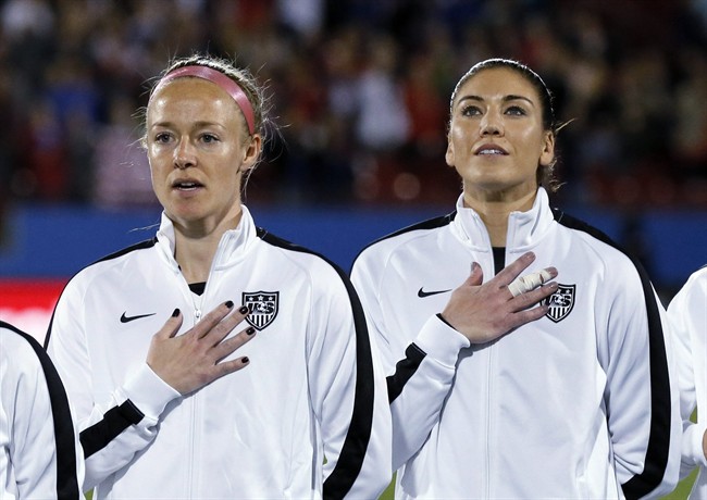 United States Becky Sauerbrunn left and Hope Solo right stand during the playing of the national anthem before the team's CONCACAF Olympic qualifying tournament soccer match against Costa Rica on Wednesday Feb. 10 2016 in Frisco Texas. (AP