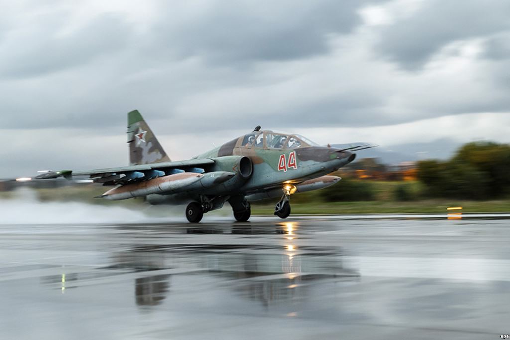 A Russian Sukhoi Su-25 fighter jet takes off from the Russian Hmeimim airbase on March 16